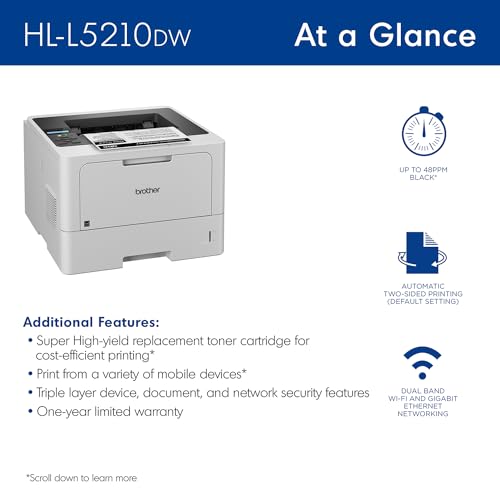 Brother HL-L5210DW Business Monochrome Laser Printer, Duplex, Wireless, Gigabit Ethernet, Mobile Printing, Alexa Compatible