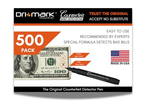 Dri Mark 500 Pack Counterfeit Bill Detector Marker Pen, Made in The USA, 3 Times More Ink, Pocket Size, Fake Money Checker - Money Loss Prevention Tester & Fraud Protection for U.S. Currency