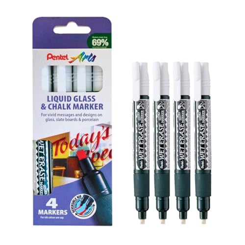 Pentel Arts Wet Erase Chalk Marker, Standard Chisel Tip, White ink, 1 pack of 4 markers