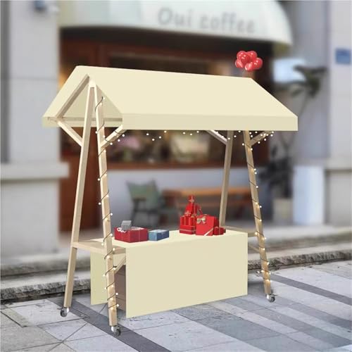 WLCGYD Portable Wooden Market Stall Display Stand for Outdoor Vendor, Foldable Kiosk Booth with Awning for Hot Dog/Ice Cream/Food, Commercial Use, 120cm 150cm(Beige,150x60cm/59x23.6in)
