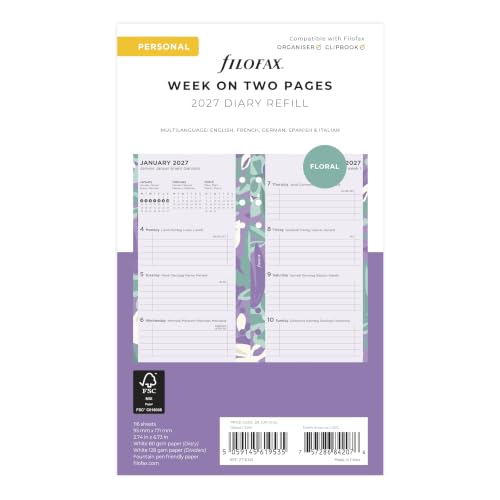 Filofax Calendar Diary Refill, Personal/Personal Compact Size, Week-to-View, Illustrated Floral Diary Pack with Four-Color Print Design, Multilingual: Five Languages, 2027 (C6341-27)