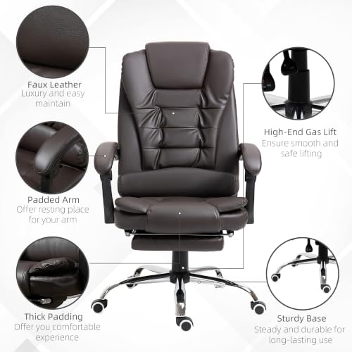 HOMCOM High Back Ergonomic Executive Office Chair, PU Leather Computer Chair with Retractable Footrest, Lumbar Support, Padded Headrest and Armrest, Coffee
