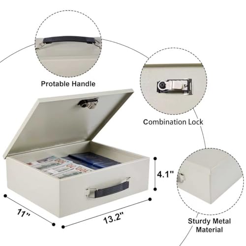 Fireproof Document Lock Box, Large Safe Storage Box for Valuables,Fire Resistance Security Chest, Fireproof Box for Documents,Passport, Cash 13.2''x 11''x4.1", White