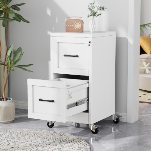 GDNVBRDS 2-Drawer Rolling Metal File Cabinet with Lock, Narrow, White