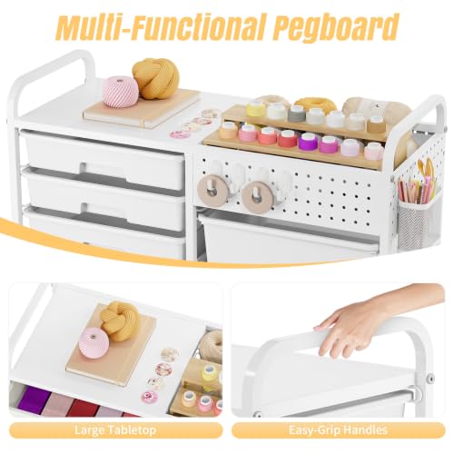 14 Drawer Rolling Storage Cart with Tabletop and Pegboard for Crafts White