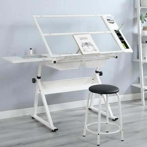 Drafting Table with Stool and Storage, Adjustable Drawing Desk with Metal Drawers, Extended Craft Table Diamond Painting Work Station, Tilting Art Desk for Home Office, Crafting & Painting, White