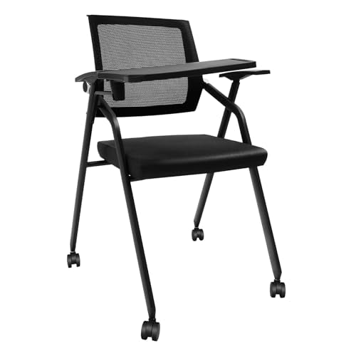 GUEYYSAN Foldable Reception Chairs, Foldable Office Chair Set with Mini Tabletop Portable Office Desk Chair with Wheel Strong Load-Bearing Seat for Schools Conference Black (1 Pack)