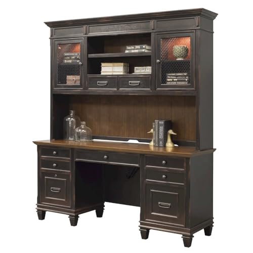 Starlight Wood Hutch with Wire Mesh Doors, 1 Adjustable Shelf, 2 Utility Drawers, Touch Lighting, Self-Closing Doors, Black Finish