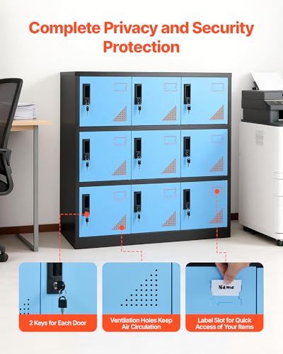 VEVOR 9 Doors Metal Locker for Employees, Steel Locking Storage Cabinet with Card Slot and Ventilation, 2 Keys for Each Door, Employee Lockers for Office, School, Gym, Home, Easy Assembly, Blue&Black