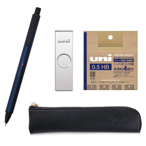 Kuru Toga Metal 0.5mm Silent Blue, Uni Metal Case + Uni Refill 0.5mm HB, Black slim pen case