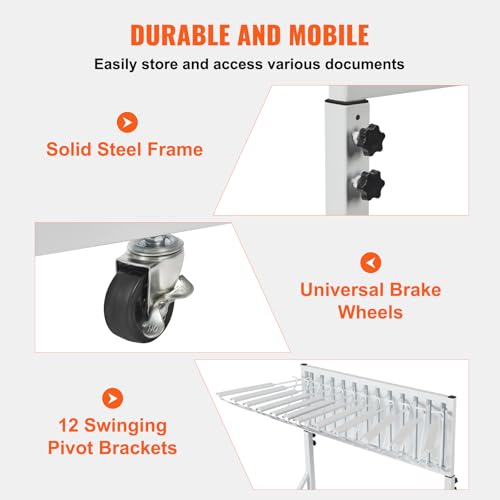 VEVOR Mobile Blueprint Storage Rack, Plan Holder with 12 Pivot Brackets, Mobile Blueprint Holder Adjustable Height & Length, Poster Display Rack for Office and Home (Rack Only Without Clamps)