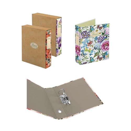 Pigna, Set of 3 Lever Arch Files with Lever Mechanism, Format 28.5 x 33.5 cm, Spine 8 cm, with Cover, Nature Flowers, 3 Different Designs