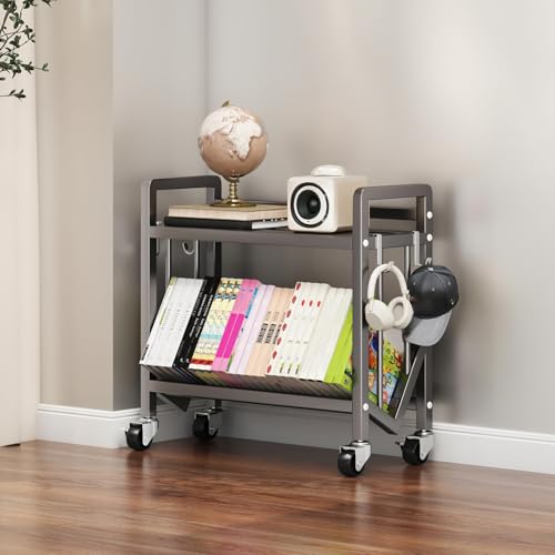Multi-Layer Rolling Book Cart, Movable Bookshelf, L-Shaped Carbon Steel Mobile Book Carts with Wheels for Library, Office, Living Room, Bedroom, Classroom
