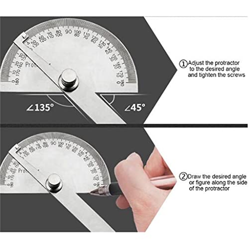 MVNOIRE 1Pcs 180 Degree Adjustable Protractor Multifunction Stainless Steel Roundhead Craftsman Rule