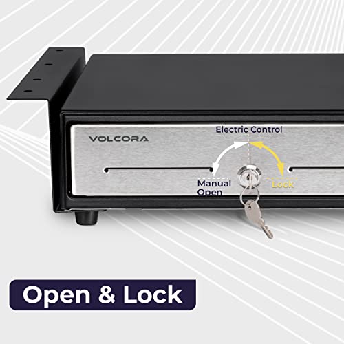 Volcora Cash Register Drawer with Under Counter Mounting Bracket - 13" Cash Drawer for POS, Stainless Steel Front 4 Bill 5 Coin Cash Tray, Removable Coin Tray, 12-24V RJ11/RJ12 Key-Lock, 2 Media Slots