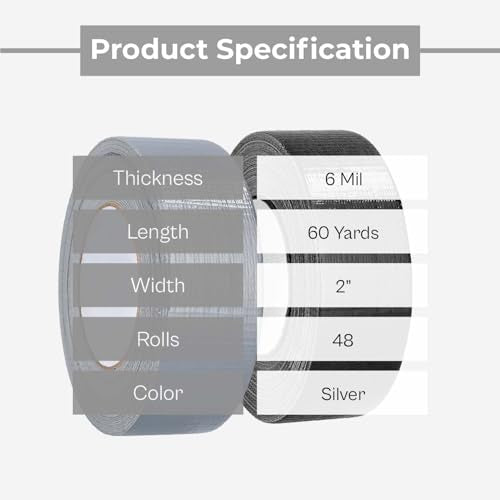 PSBM Silver Duct Tape, 48 Rolls, 6 Mil Thick, 2 Inch Wide, 60 Yards Per Roll, Total 2880 Yards, Heavy Duty, Waterproof, All-Weather, Perfect for Repairs, Patching, Bundling & Sealing