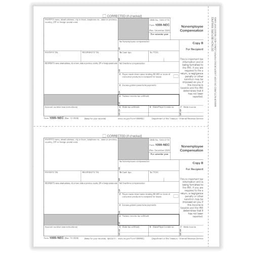 ComplyRight 1099-NEC 4-Part, 2-Up, Tax Forms Set with Self-Seal Envelopes (100 Recipients), Tax Filing Supplies