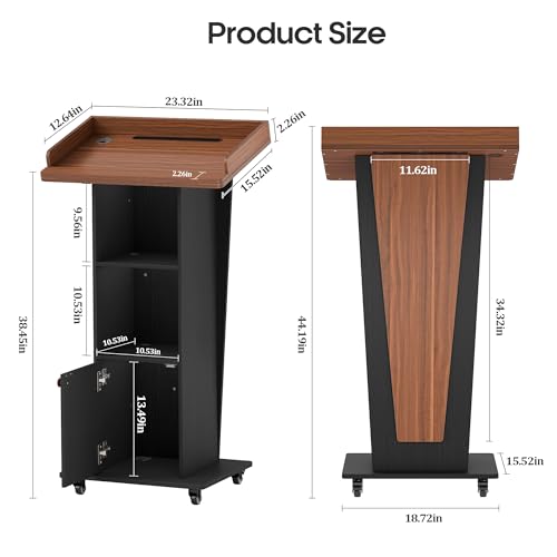 Baoz 15° Tilted Podium Stand with Storage & Lockable Wheels (Black Brown)