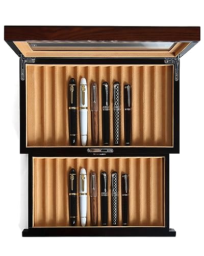 Besforu Wood Fountain Pen Case, 24 Slot Storage Organizer with Drawer, Glass Top Display Box for Collection
