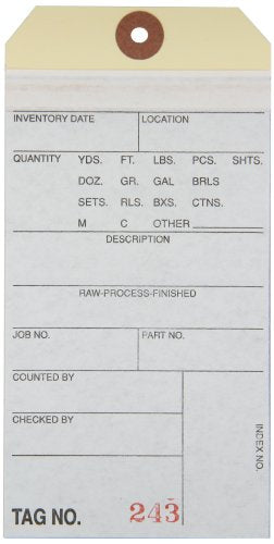 Box USA Inventory Tags with Printed Carbon Top Sheet #8 6 1/4" x 3 1/8", Consecutively Numbered Series (0001-0499), White/Manila, for Inventory Management, Case of 500, (G17011)