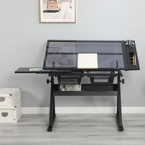 Ufyerutg Glass Drafting Table with Stool, Height Adjustable Drawing Table Art Craft Desk with Storage and Tilted Tabletop for Office School,Artists, Architects, Black