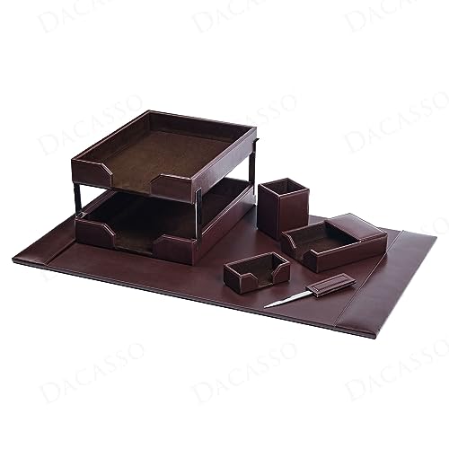 Dacasso Dark Brown Bonded Leather 8-Piece Desk Accessory Set - Organization Essentials & Executive Decor - Luxury Leather Blotter for Office Organization