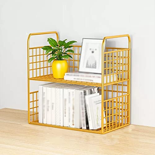 Bookcase Desktop Organizers Metal Mesh Design Desktop Small Bookshelf for Office Desk Display Shelf Desktop Corner Organizer and Storage for Dorm, Home Decor, Makeup Shelf, Gold Modern(Small)