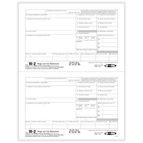 ComplyRight W-2 5-Part Tax Form Set with Envelopes, Recipient Copy Only, 2-Up, Pack of 25, Tax Preparer Supplies