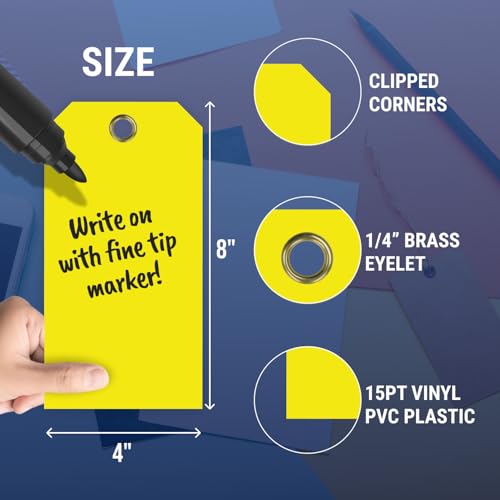 Tags 4 Less 15 Mil Waterproof Plastic Tags, Pack of 100 – 4” x 8” Heavy Duty Plastic Tags for Labeling, Outdoor Tagging, Equipment Labeling, Luggage, Valves & More (Yellow)