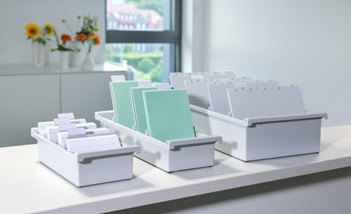 HAN 954-0-1-11, Card Index Tray A4 Portrait. Innovative, Attractive Design Holds 1,300 Cards, Supplied with 2 Support Plates with Clear File Clips, Light-Grey