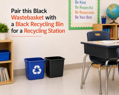 3.5 Gallon Black Wastebasket Under Desk Plastic Trash Can | 5 PACK