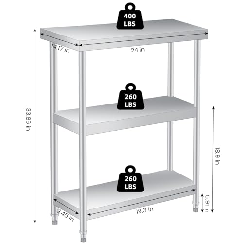 GarveeTech Stainless Steel Table, 14 x 24 x 34 in, 3-Tier Metal Prep Table