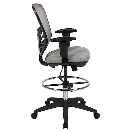 Flash Furniture Mid-Back Mesh Drafting Chair, with Arms, Light Gray