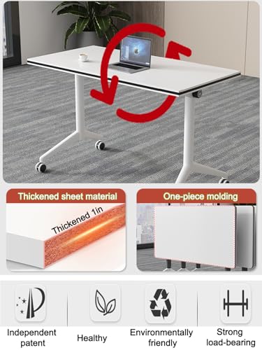 Folding Conference Table, Rectangular Conference Room Table Flip Top Mobile Training Table, with Four Locking Wheels, Rolling Meeting Table, for Office, Conference Rooms, Training Rooms(B,55x16x30in)
