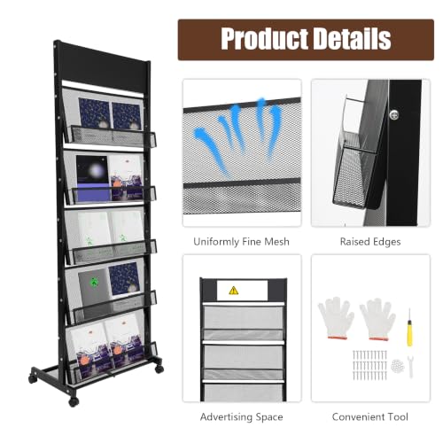 5 Tiers Freestanding Magazine Rack Iron Brochure Display Stand on Wheels
