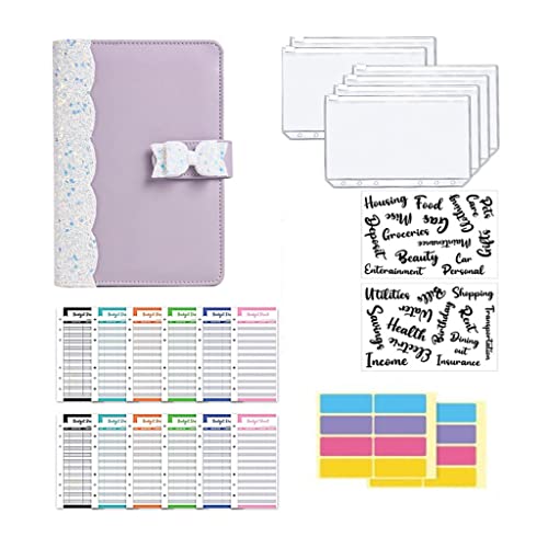 A6 Budget Binder Planner with 6 Pieces Cash Envelopes Bag Colorful PU Leather Notebook(D)