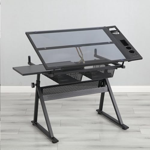 Ufyerutg Glass Drafting Table with Stool, Height Adjustable Drawing Table Art Craft Desk with Storage and Tilted Tabletop for Office School,Artists, Architects, Black