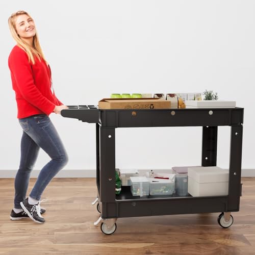 Our Modern Space Commercial Grade 2 Shelf Utility Cart with Wheels - Rolling Tool Trolley, Heavy Duty Service Push Cart for Business Warehouse Office Restaurants Ecommerce Garage