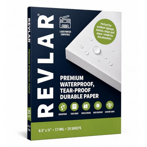 REVLAR® Premium Durable Waterproof Tear-Proof Laser Printer Paper 8 x 11 8mil 25 Pack - White, Fade Resistant, Washable, Grease Repellent, Pack - Ideal Durable Sign Paper for All Printing Needs