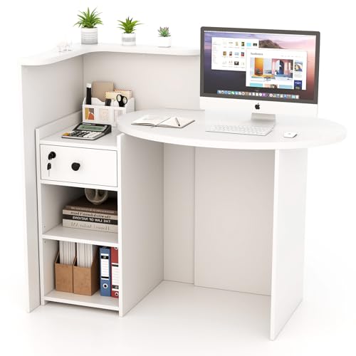 SILKYDRY Reception Desk, Small Retail Checkout Counter with Lockable Drawer and Open Shelves, Wooden Front Desk Reception Counter, Oval Desktop & L Counter for Store Office Lobby Salon (White)