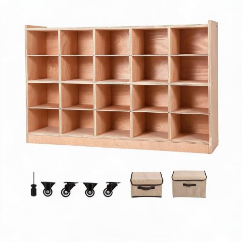 Mobile Cubby 14/20 Storage, Trays/Doors/Hooks, 4-Wheel, Anti-Tip, Natural