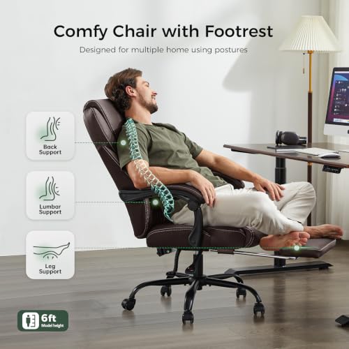 amseatec Big and Tall Office Chair with Footrest, Lumbar Support, Brown