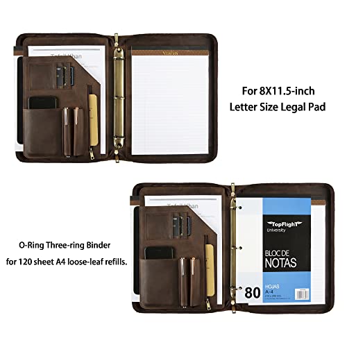 Genuine Leather Portfolio Binder & Organizer, Vintage Leather 3 Ring Binder, Business Men's Custom Padfolio, Legal Pads Zippered Portfolio (Dark Khaki, Non-Custom)