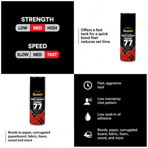 Scotch Super 77 Multipurpose Adhesive Spray, Bonds to Fabric, Cardboard, Plastic, Metal, Wood, Felt, and More, 10.7 Ounces (7716) - 4 Pack
