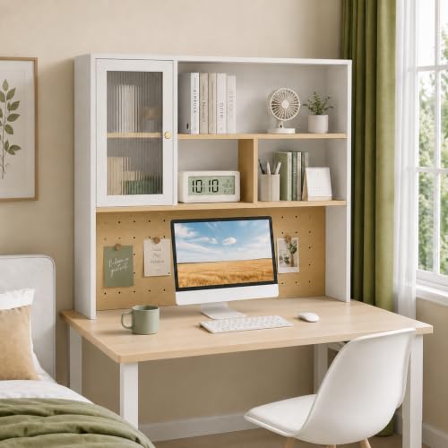 LINLIUA Desktop Bookshelf, Desk Hutch Dorm with Pegboard, Desk Shelves for Top of Desk, Wood Desktop Storage Rack with Cabinet Door, Countertop Bookcase for Office Dorm Home Study