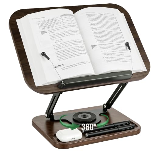 Siyoriot Book Stand for Desk, 360° Rotating Cookbook Holder for Hands-Free Reading Recipe Book Holder with Page Clips, Adjustable Height for Textbooks, Comics, Sheet Music