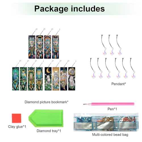12Pcs Dreamcatcher Animals DIY Diamond Art Painting Bookmark with Crystal