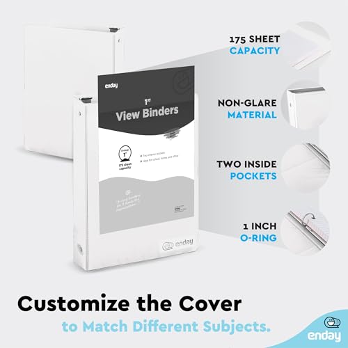 1 Inch Binders 3 Ring, White 1 Inch Round Ring Binder with Clear View Cover & 2 Inside Pockets, School Supplies Binders (24 PC) – by Enday