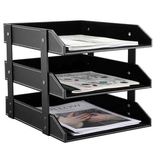 KINGFOM Letter Tray, Leather Paper Organizer Tray, Wooden Desk File Holder, Desktop File, Stackable Magazine Holder, Mail Sorter, Great for Home or Office - 3 Level Black