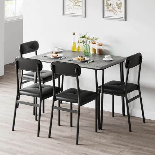 TrailBlaze Space-Saving 4-Piece Office Desk and Chair Set – Industrial Style, Sturdy Metal Frame, Wooden Tabletop, PU Leather Seats – Ideal for Small Workspaces, Dining Rooms, Apartments – Brown/Grey